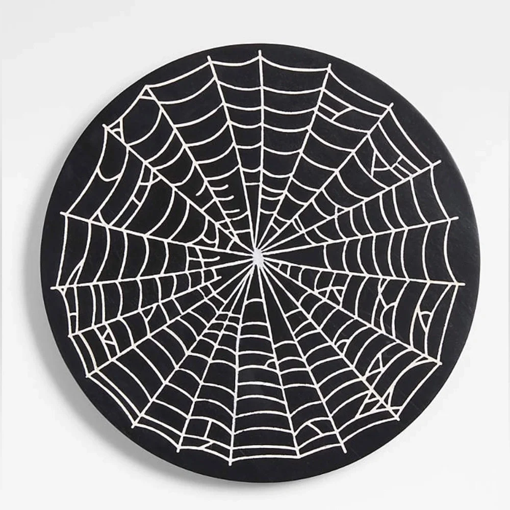 NEW Crate & Barrel Halloween Ebonized Round Web Serving Board 12.25” diameter